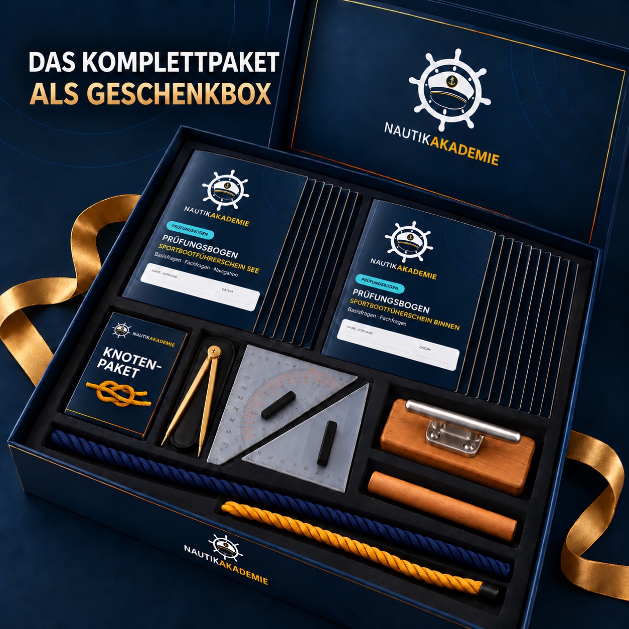 NautikAkademie-Geschenkbox mit Prüfungsbögen für See und Binnen, Navigationsbesteck und Knotenmaterial
