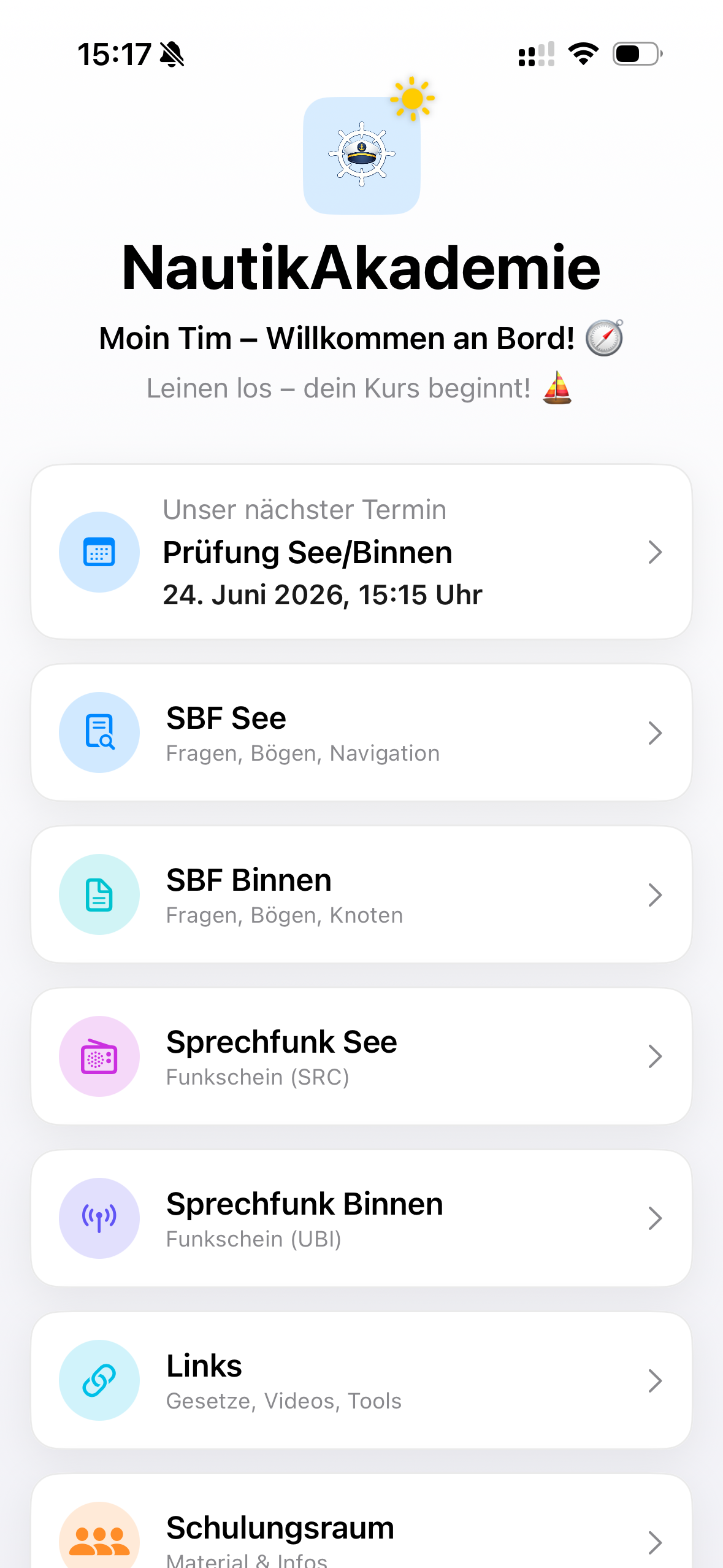 NautikAkademie App Startbildschirm mit Kursauswahl