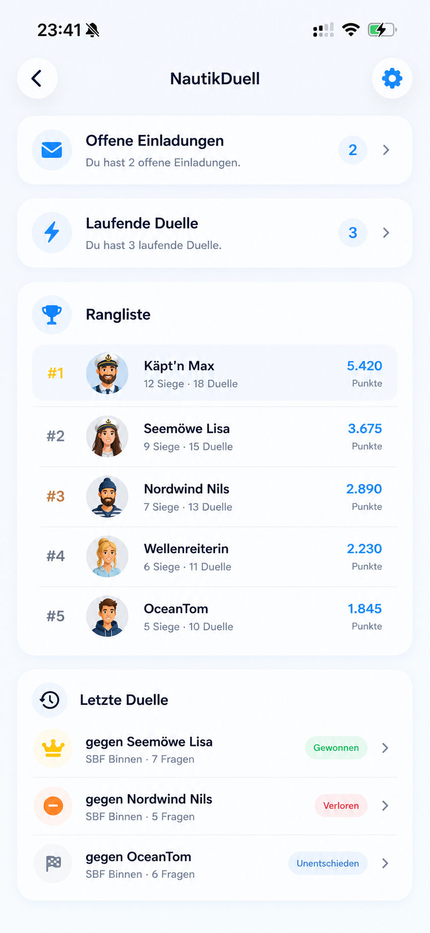 NautikDuell Rangliste und letzte Duelle in der App